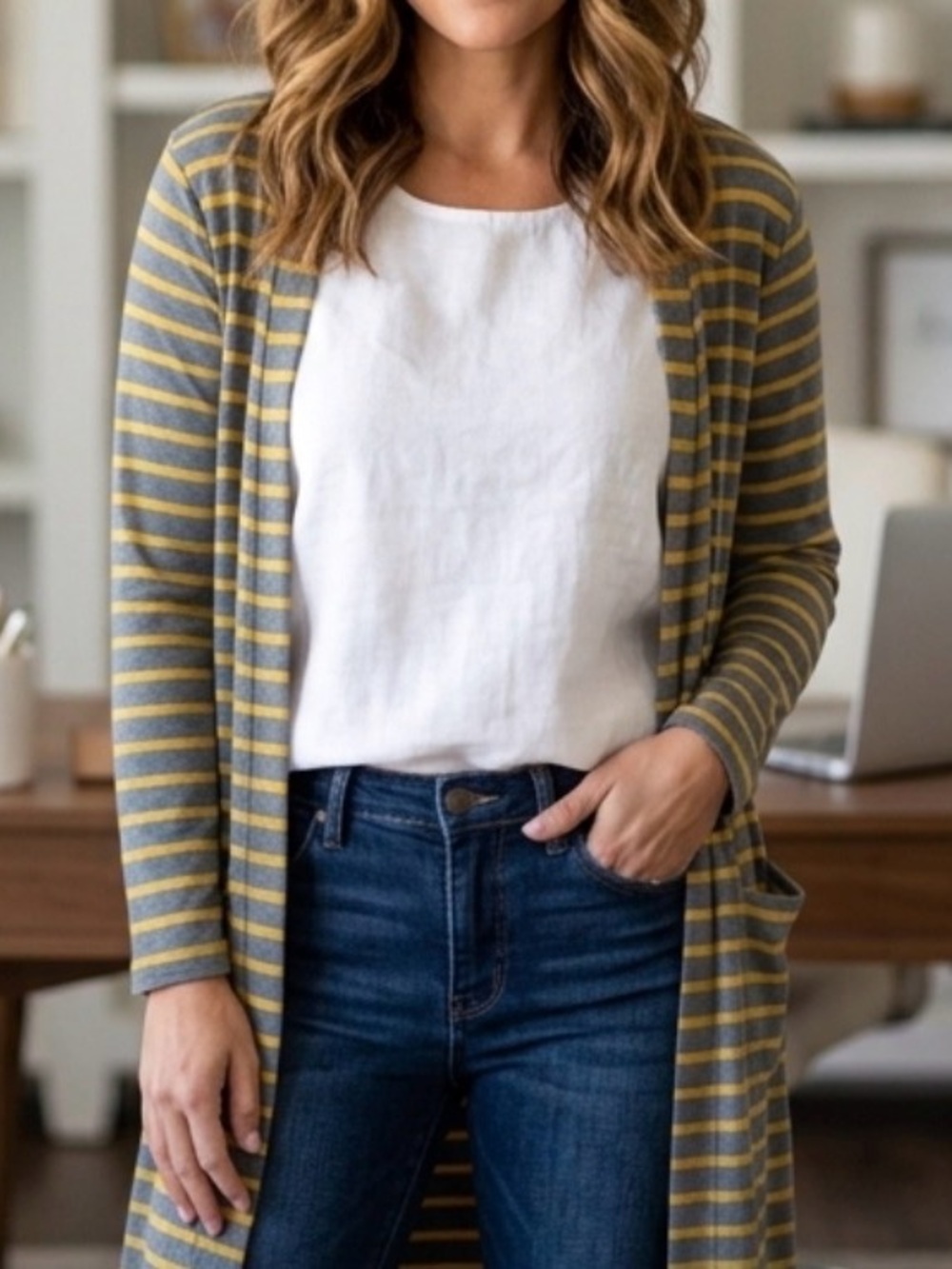 LuLaRoe Sarah Striped gray and Yellow Dister Cardigan Large
